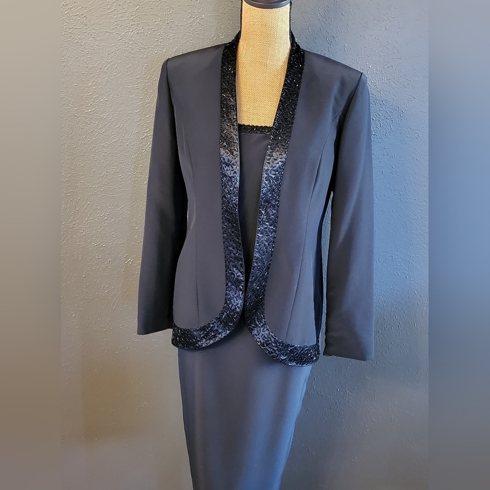 R & M Richards Black Jacket Dress Beaded Lapel Size 8